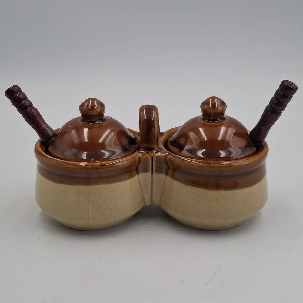 Vintage Stoneware Double Condiment Server Brown Tan Glaze Lidded Caddy w/ Spoons